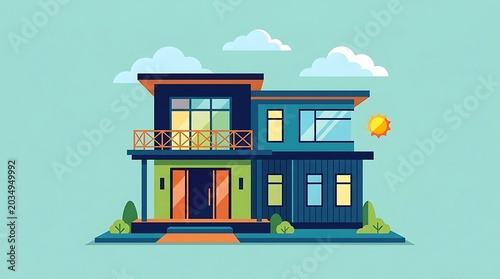 Modern Minimalist Two Story House Illustration in Flat Design Style