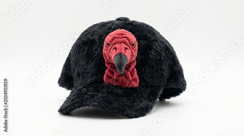 Black fuzzy baseball cap featuring a plush red vulture head on the front