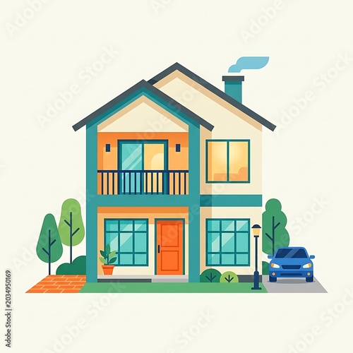 Modern Two-Story Residential House Vector Illustration with Car