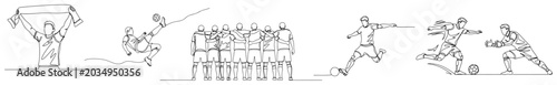 Soccer players and fans action scenes in continuous one line drawing style