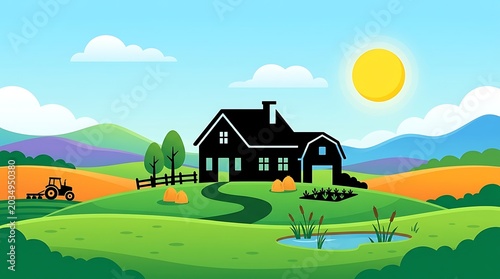 Peaceful Rural Farm Landscape with Farmhouse Silhouette and Rolling Hills Vector Illustration