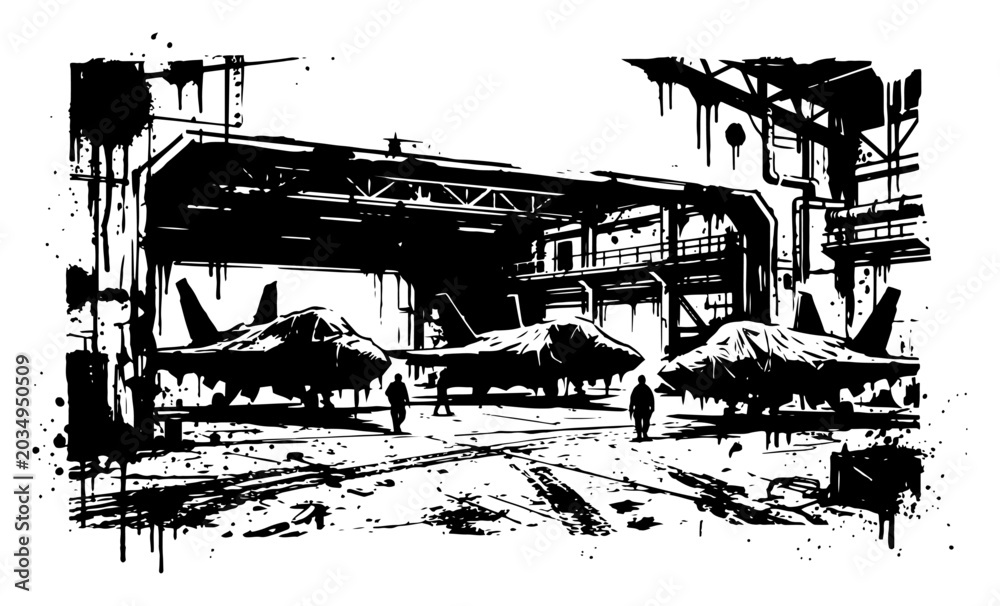 Obraz premium Fighter jets parked in military hangar with ink splatters in high contrast black and white style