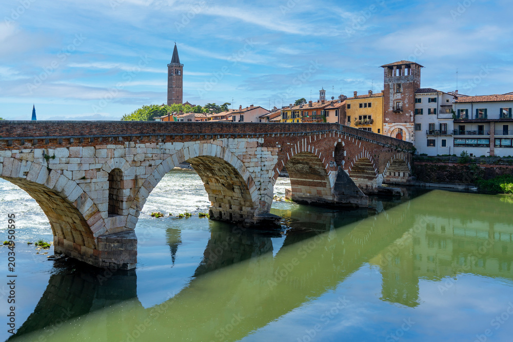 Naklejka premium The Ponte Pietra bridge over the Adige River in Verona, Italy