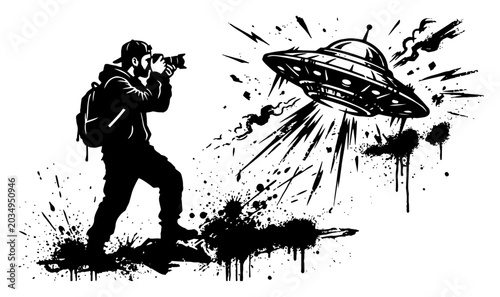 Fotografie Photographer taking picture of flying saucer UFO with ink splatters grunge style