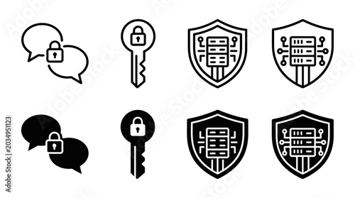 Digital security and communication icons: locked chat bubbles key secure server shield security