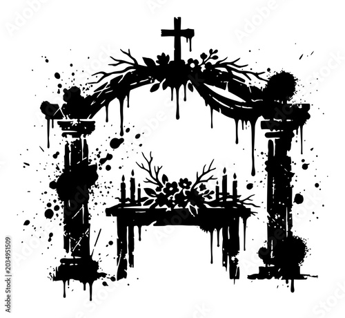 Foto Religious memorial altar with cross and flower arch in grunge street art style
