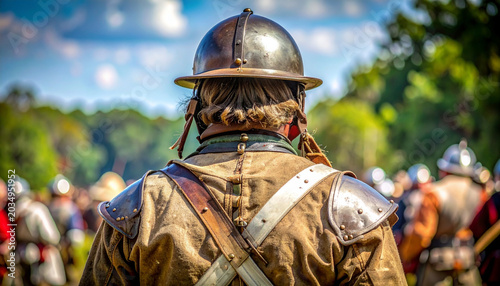 Medieval knight in armor standing from behind with helmet and shoulder guard in a battle