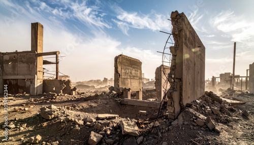 Desolate landscape of destroyed buildings with rubble and debris scattered everywhere