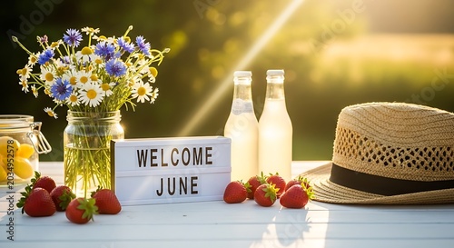 Welcome June celebration table setting with flowers and fruit.