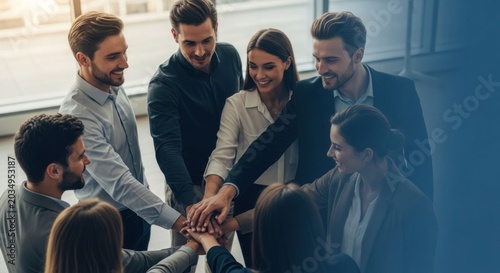 Diverse group of professionals joining hands in a circle symbolizing unity and teamwork in a modern office setting.