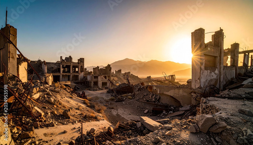 Desolate landscape of a destroyed cityscape at sunset with ruins and debris scattered