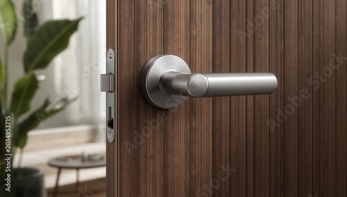 Closed wooden house entrance door with metal handle and lock shown in close-up interior view