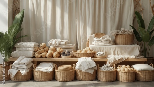 Hotel bedroom interior with bed, sofa, chairs and a table set with breakfast pastries, cake, cookies and chocolate sweets