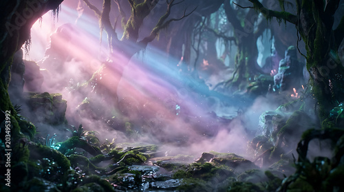 Mystical Fog with Ethereal Pastel Light Beams in Enchanted Forest