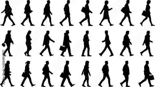 Schilderij op canvas Business people walking silhouettes in side view isolated on gray background, ur