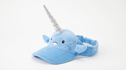 Plush narwhal visor hat with a silver horn isolated on white background