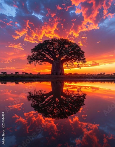 A majestic baobab tree silhouetted against a vibrant sunset sky, perfectly mirrored in the calm water below, creating a stunning natural reflection.
