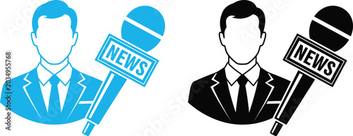 Tableau sur toile Silhouette icons of a professional news reporter holding a microphone