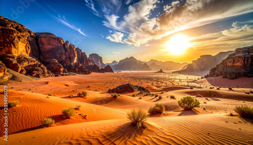 Breathtaking desert landscape at sunset with sand dunes rocky mountains and sparse