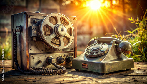Vintage reel to reel tape recorder and old rotary telephone on wooden table outdoors