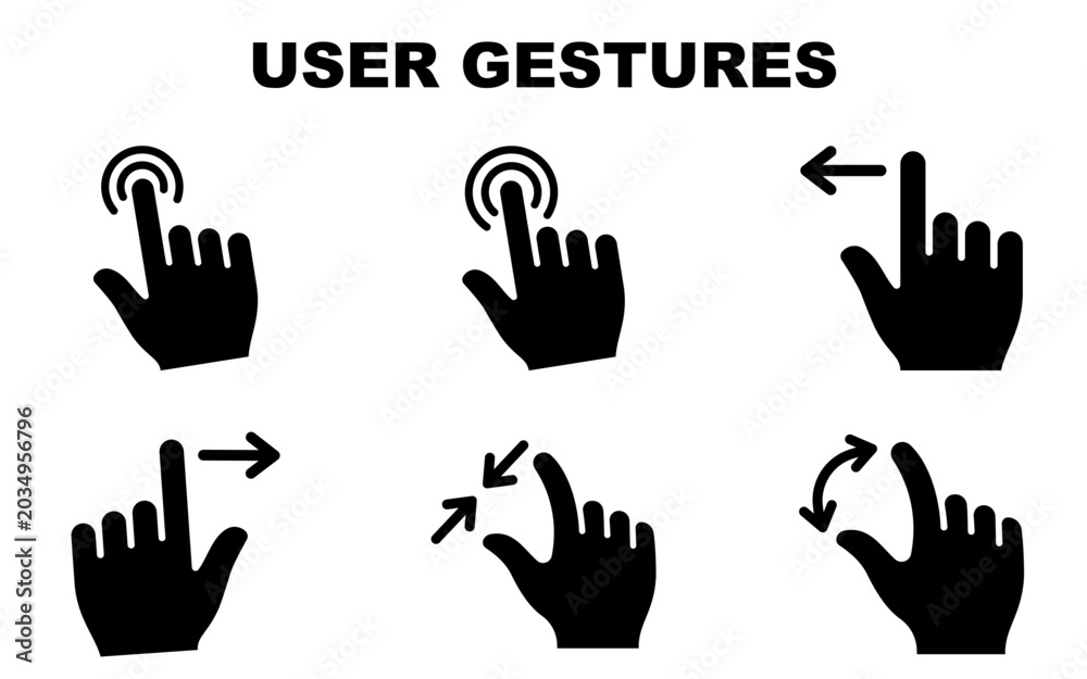 Obraz premium User gestures icon set with tap, swipe, pinch and rotate hand signs