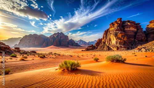 Breathtaking desert landscape with sand dunes rocky mountains and sparse greenery