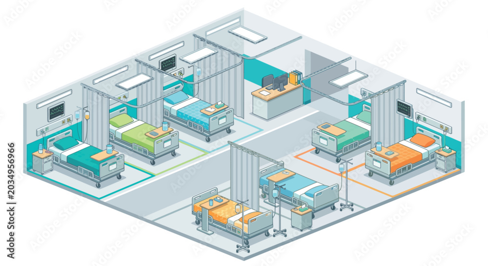 Fototapeta premium Isometric hospital ward interior with medical beds and monitoring equipment