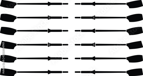 Silhouette set of rowing oars and paddles for boat competition icons.