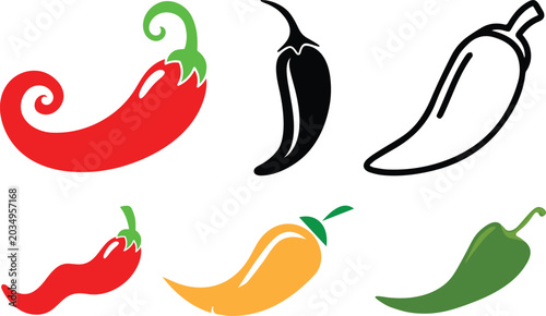 Fotografie Hot Chili Pepper Icon Set in Red and Black Silhouette Styles, Vector Illustration for Spicy Food, Mexican Cuisine, Cooking, Restaurant Branding, and Food Design Projects
