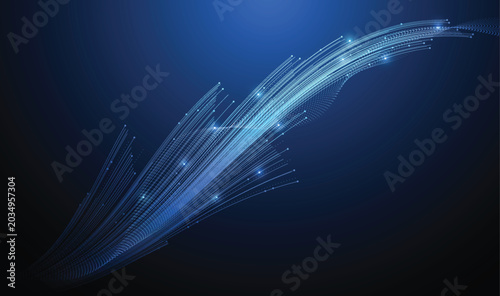 Digital data flow background. Futuristic glowing network connection concept. Abstract blue technology wave background with particles and light lines.