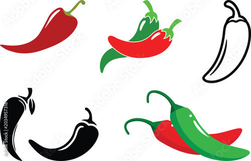 Картината върху платно Hot Chili Pepper Icon Set in Red and Black Silhouette Styles, Vector Illustration for Spicy Food, Mexican Cuisine, Cooking, Restaurant Branding, and Food Design Projects