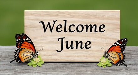 Welcome June greeting card with butterflies and flowers.