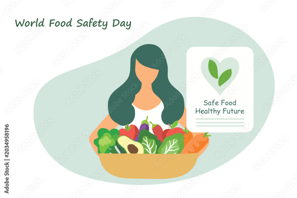 Fototapeta premium World food safety day concept, woman holding food global vector illustration 