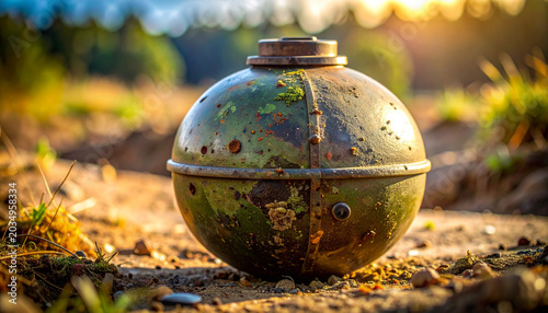 Rusty old spherical metal object with bolts and rivets on dirt ground outdoors in natural