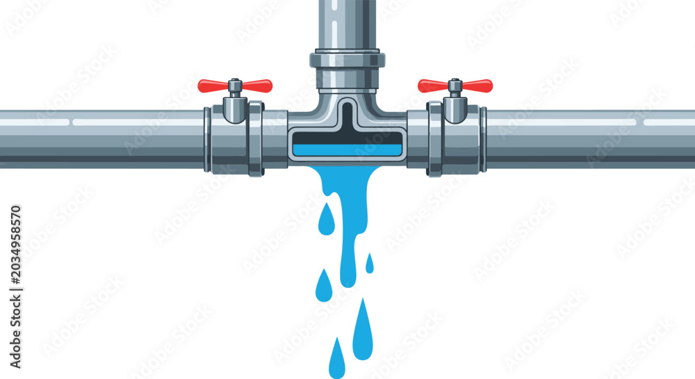 Naklejka premium Technical illustration showing a metal pipe joint leaking water with blue droplets falling from a central valve connection on white background.