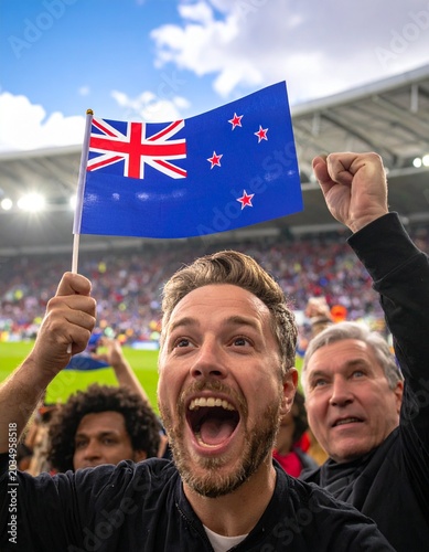 Soccer supporter cheering with flag of New Zealand at the World Cup