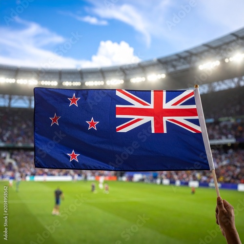 Soccer supporter cheering with flag of New Zealand at the World Cup