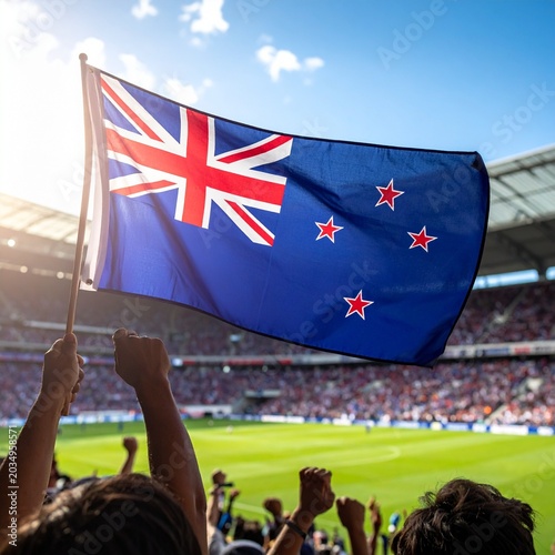 Soccer supporter cheering with flag of New Zealand at the World Cup