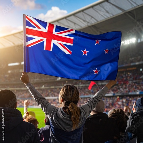 Soccer supporter cheering with flag of New Zealand at the World Cup