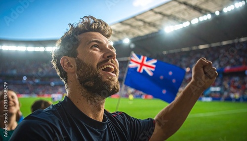 Soccer supporter cheering with flag of New Zealand at the World Cup