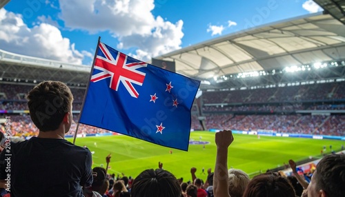 Soccer supporter cheering with flag of New Zealand at the World Cup