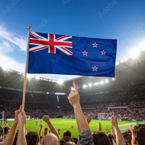 Soccer supporter cheering with flag of New Zealand at the World Cup
