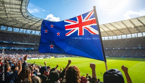 Soccer supporter cheering with flag of New Zealand at the World Cup