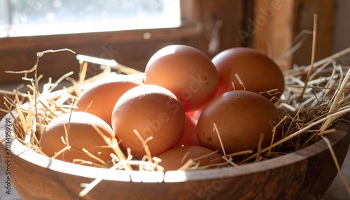 Close-up of brown chicken eggs on straw in wooden bowl under warm morning sunlight