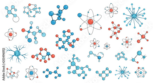 Scientific collection of various molecular structures and atomic models representing chemistry, physics, and biology research.