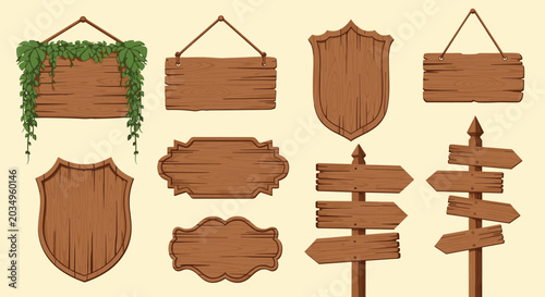 Set of various rustic wooden signs, shields, and directional signposts for outdoor, garden, or game interface design use.