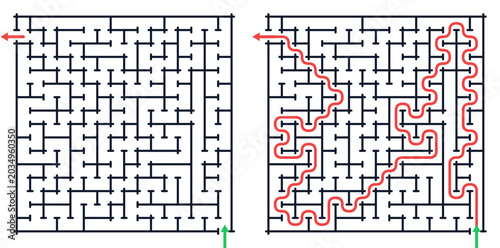 Square block maze puzzle game with red solution path printable educational worksheet for kids vector illustration