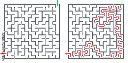Geometric square maze puzzle game with answer path printable educational activity page for children vector graphic
