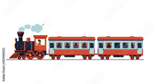Classic vintage steam locomotive engine pulling two red passenger train carriages on a track while emitting a cloud of blue smoke.