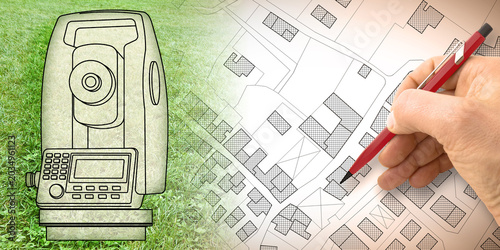 Fotografie Imaginary cadastral map of territory with buildings, roads, land parcel and geod